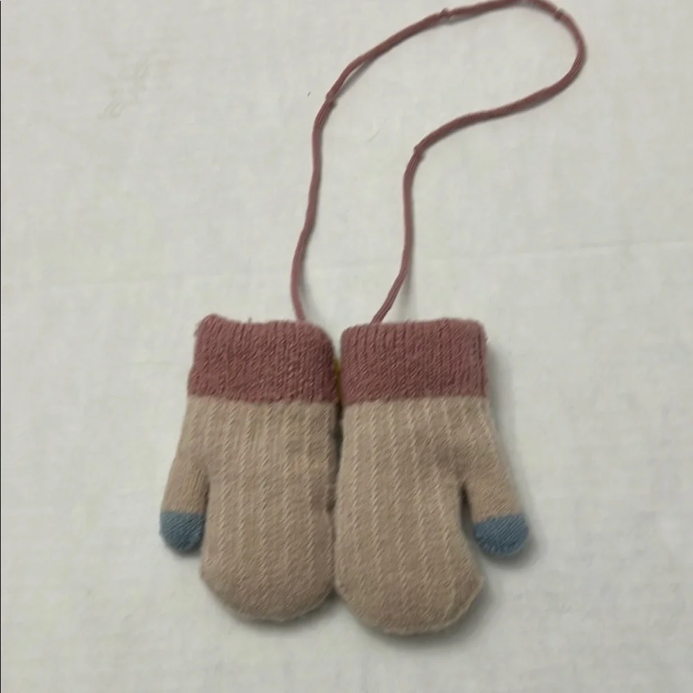 Cozy Beige and Blue Kids Mittens with Pom-Poms